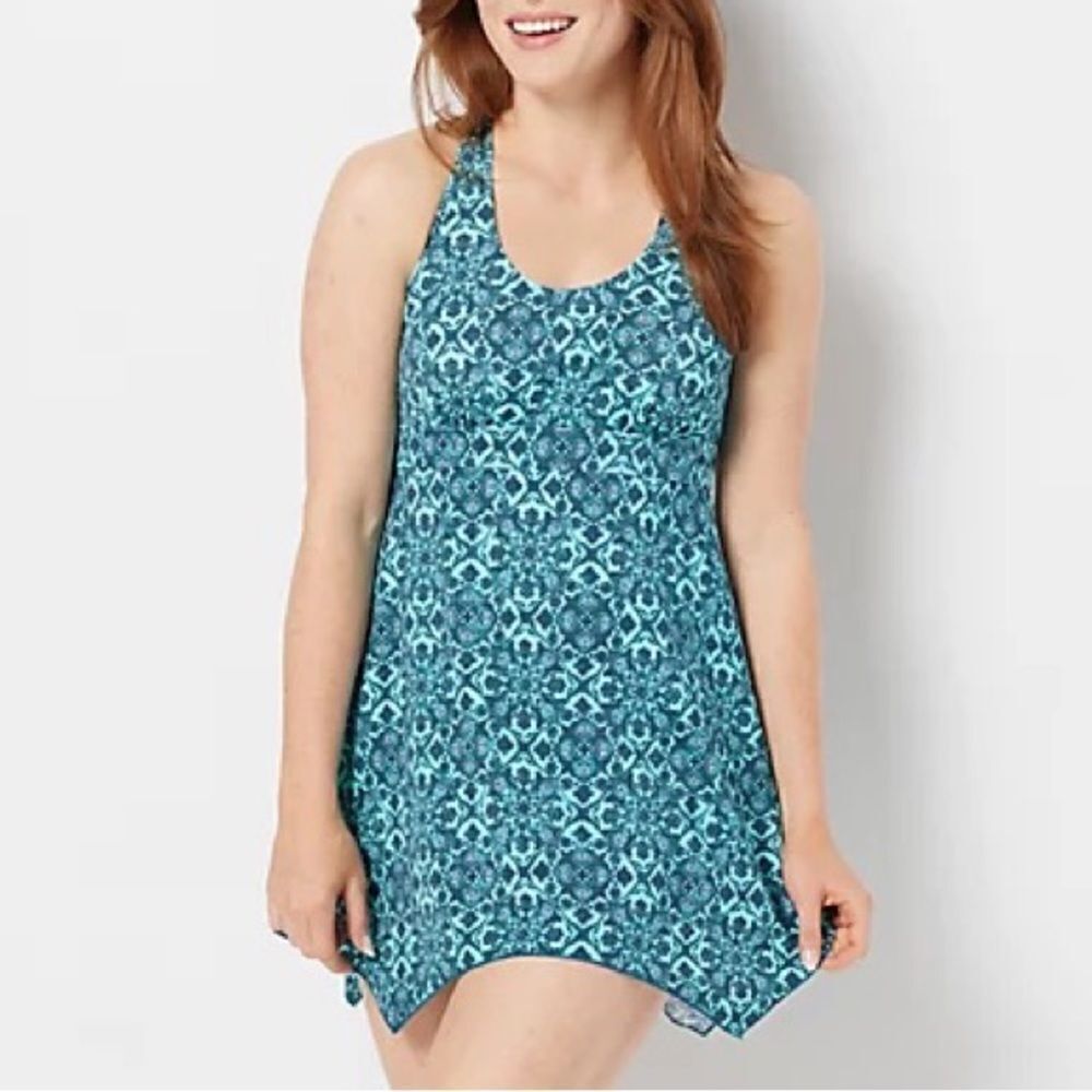 Denim & Co. Beach Handkerchief Hem Scoop-Neck Swim Dress